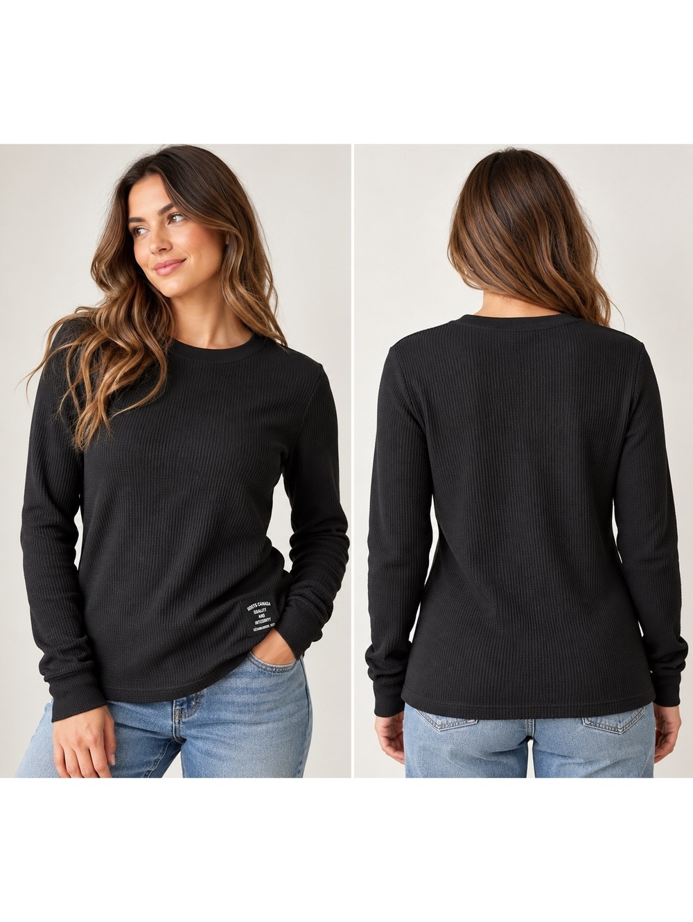 Roots Canada Black Waffle Knit Long Sleeve Thermal Top L/G Large